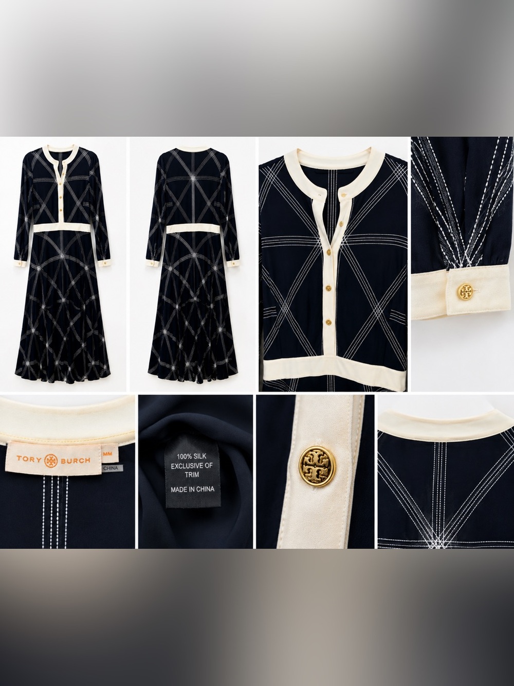 Tory Burch Navy Silk Long-Sleeve Dress with Cream Trim and Gold Buttons
